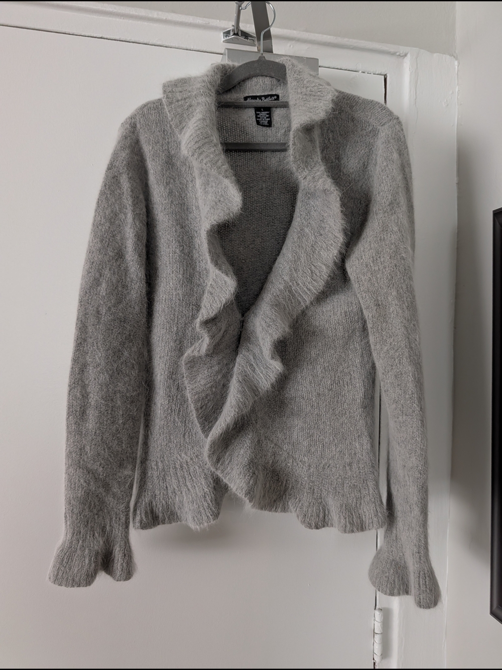 Alexandra Bartlett Light Gray Ruffled Open-Front Cardigan, Angora Blend